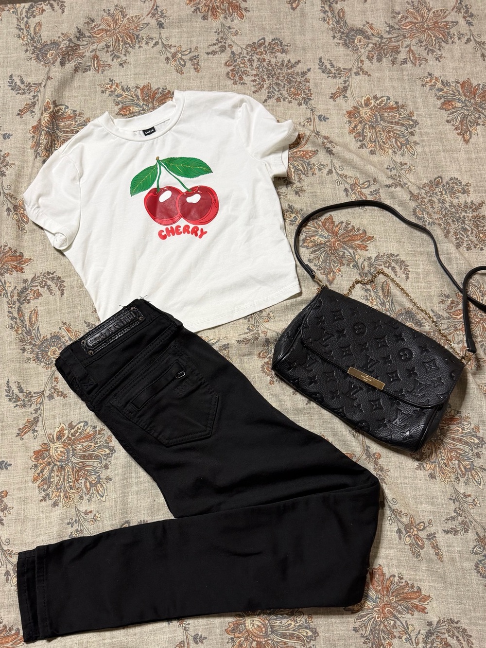 Rock Revival black skinny Jeans and she in White Tee with Red Cherry Graphic - Picture 5 of 7